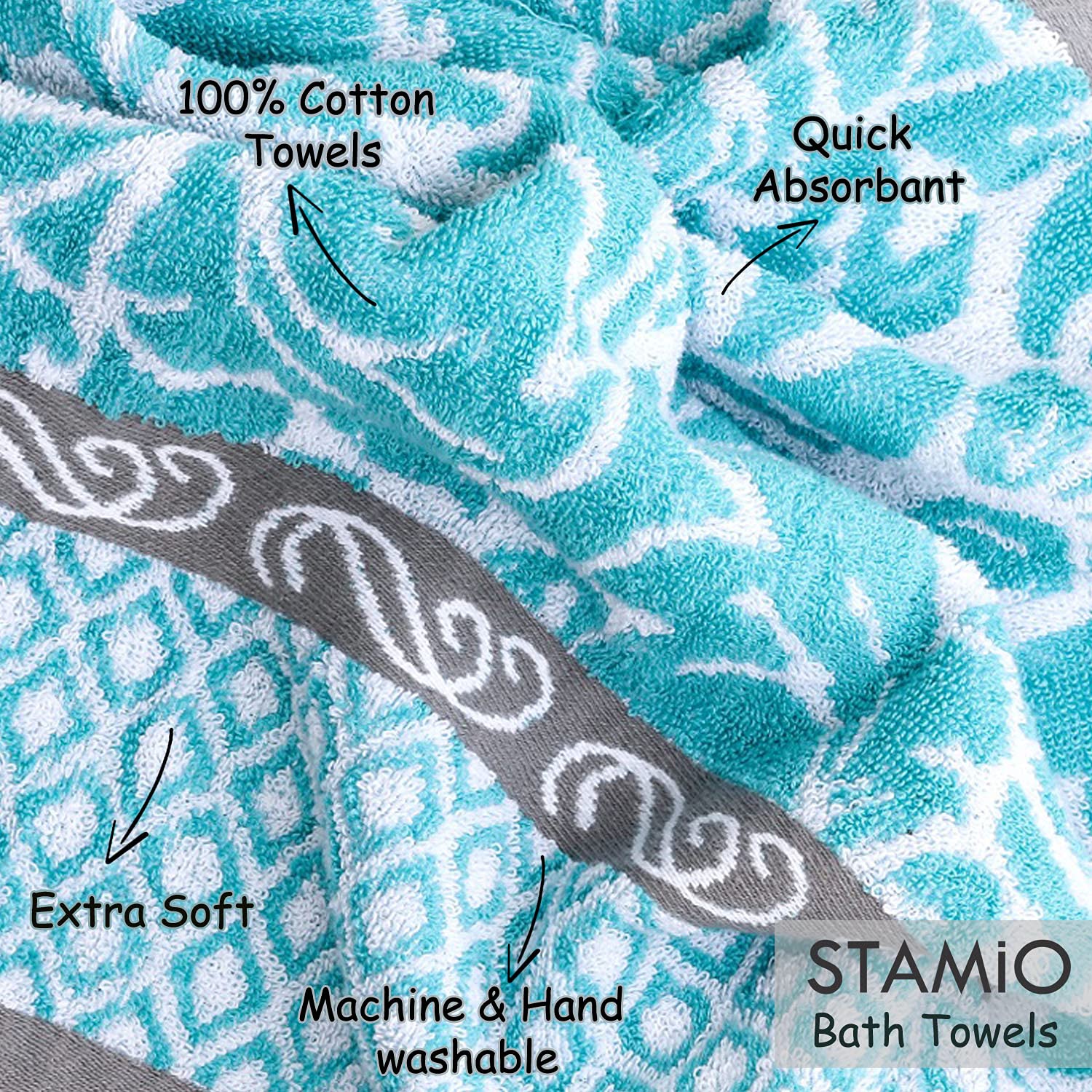 Stamio Cotton Bath Towel 550 Gsm | Extra Soft & Absorbent Large Full Size Towels For Bathing, Home, Sports, Salon, Hotel Use | Jacquard Border (Light Green)