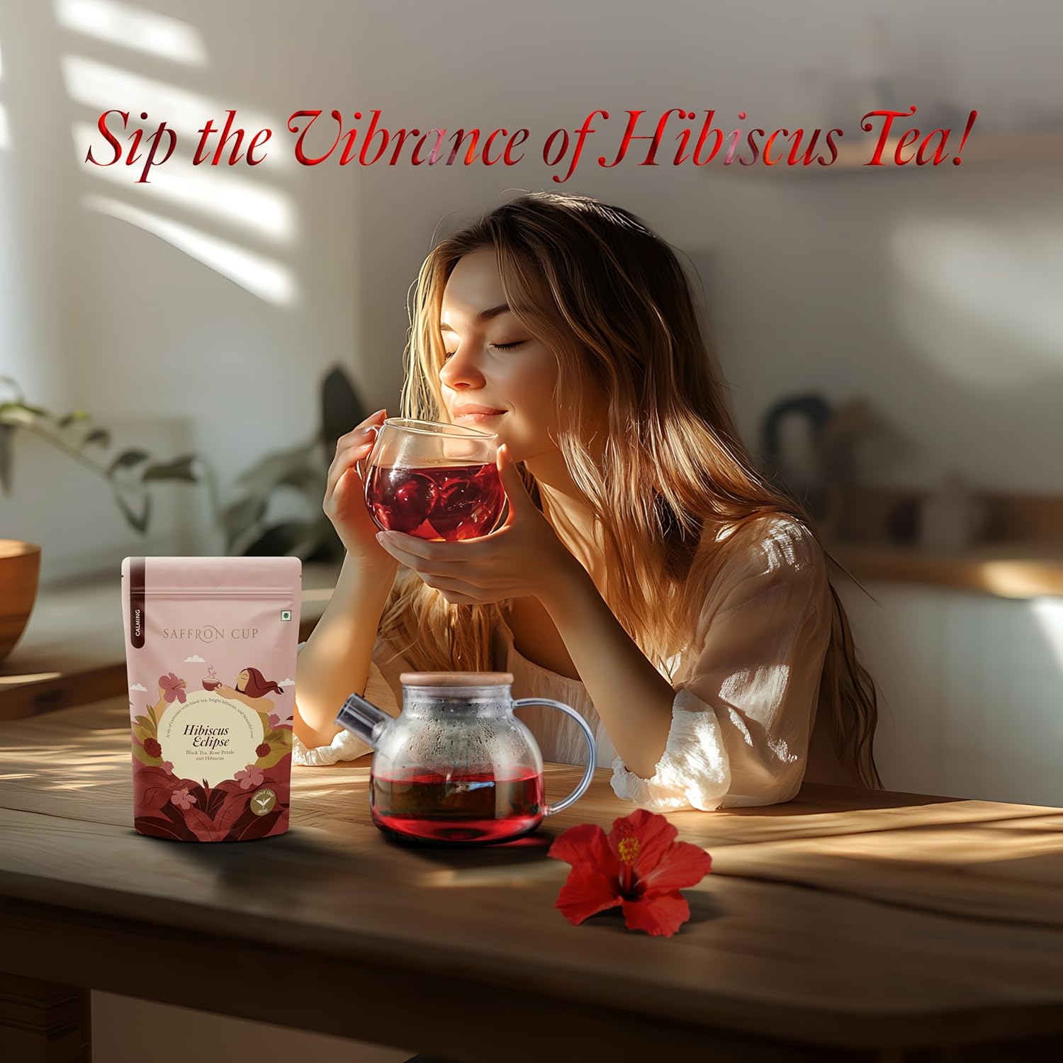 Saffron Cup Hibiscus Eclipse Herbal Tea - 100gm, 3.5 Ounce | Blended With Hibiscus, Black Tea, Fennel Seeds & Rose Petals - 100% Natural, Rich In Antioxidants | Low Caffeine, Airtight Zip Lock Pouch