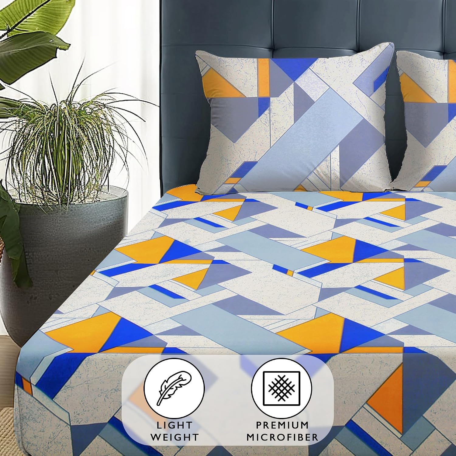 Queen Size Bedsheet With 2 Matching Pillow Covers - 88 X 100 Inches, Yellow & Grey | Breathable & Soft Touch Bedsheet