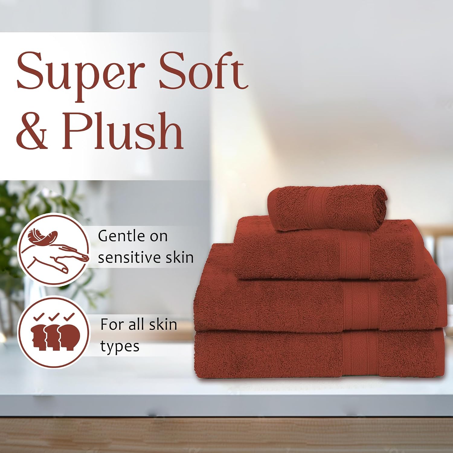 Ambra Linens Highly Absorbent Towel 500 Gsm | 100% Cotton, Soft And Plush, All Seasons Use, Large, Everyday Use, Durable (1hand, 1face, 2bath Towels Set) | Dark Rust