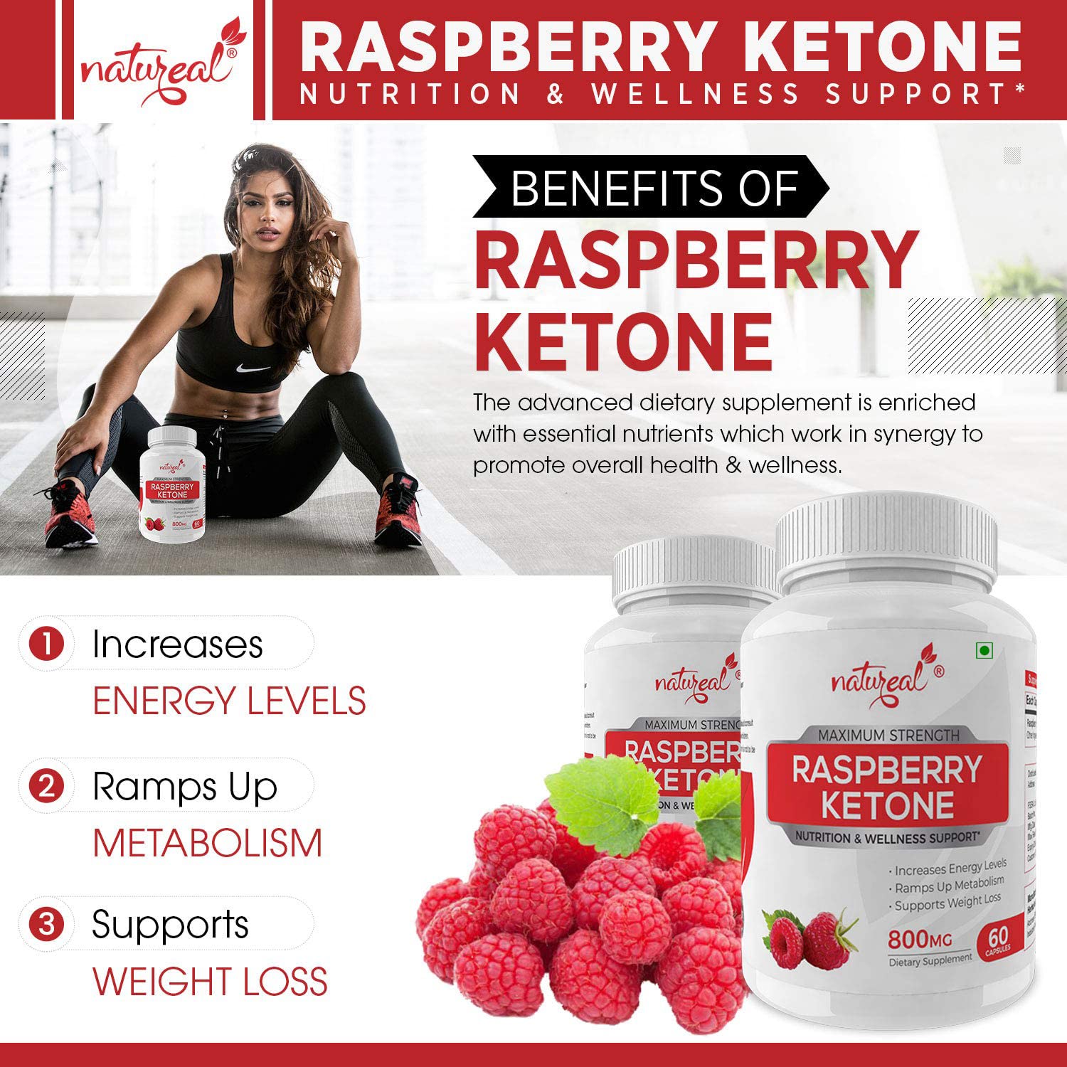Natureal Raspberry Ketone Extract 800mg Capsules For Weight Management, New Advanced Formula Health Supplement | 60 Capsules 100gm 0.2lbs