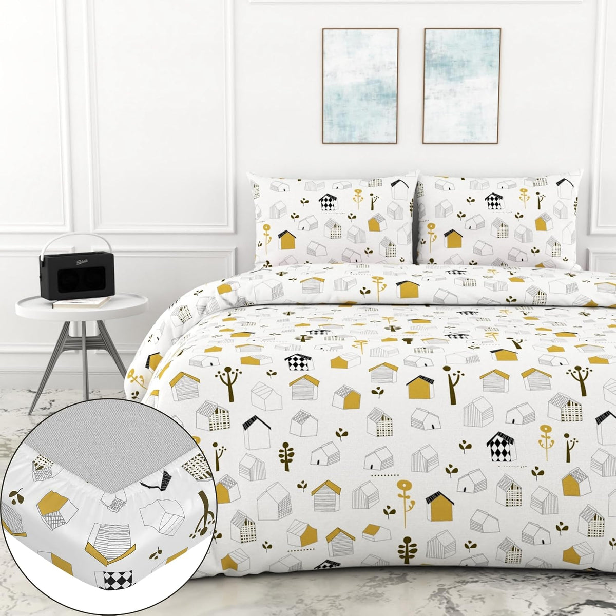 King Size Printed Bedsheet For Double Bed 2 Pillow Cover - 72 X 78 Inches, White | All Around Elastic Fitted - Ultra Soft & Breathable