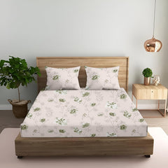 King Size Fitted Bedsheet With 2 Large Pillow Covers - 108 X 108 Inches, Beige & Green | Soft, Breathable & Durable | Wrinkle Resistant