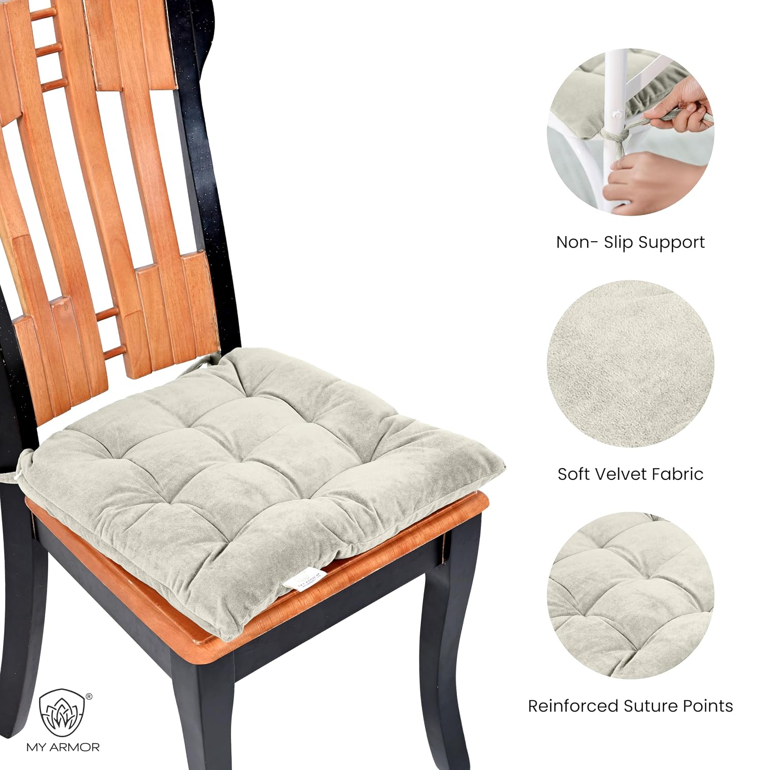 Square Chair Pads Cushion, For Comfortable Sitting, Cream Color - 40 X 40 Cm | Seat Cushions With Ties For Sitting, Pooja, Dining & Office Table | Furniture Cushion, Washable - Pack Of 2