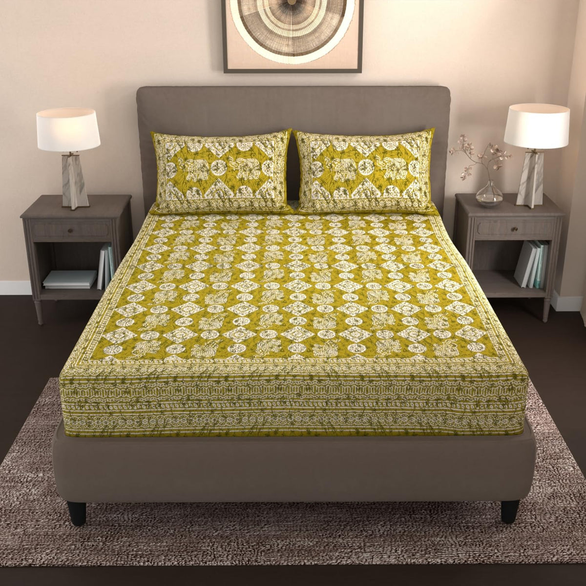 Handloom Printed Double Bedsheet For Queen Size With 2 Matching Pillow Cover | Size 90 X 100 Inches, Mustard Green - Cotton Bedsheets For Double Bed | Soft & Smooth