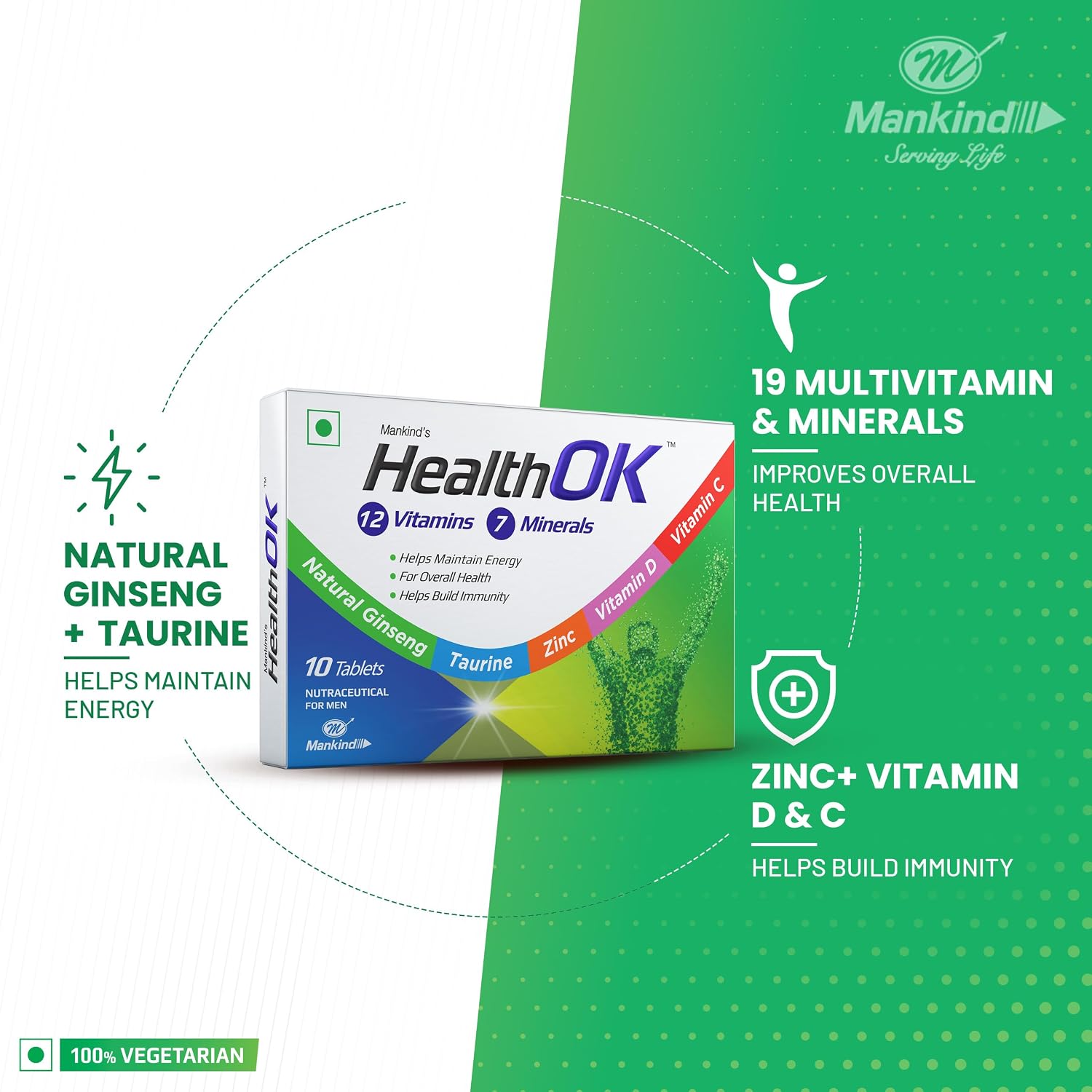 Mankind's Health Ok Multivitamin With Natural Ginseng & Taurine Power Lemon Flavour , 100% Vegetarian | 10 Tablets , 50gm 0.1lbs , Each Pack Of 3
