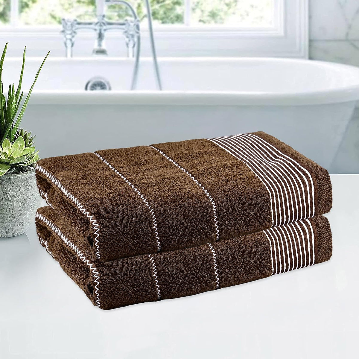 Kuber Industries Cotton Bath Towel 1000 Gsm | Wrinkle Resistant Towels | Quick-Dry Travel Towel For Men & Woman Plain Lining Border -Brown (Pack Of 2)