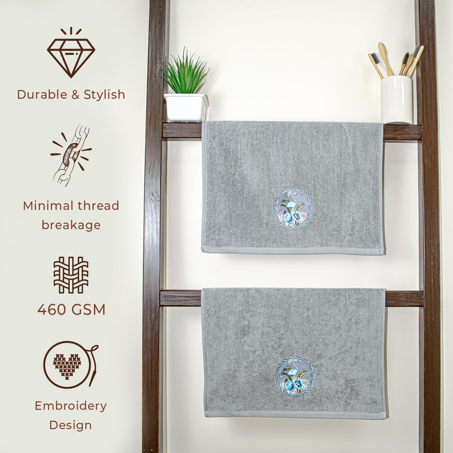 Akiko Home Prima Dream 100% Cotton Hand Towels 400 Gsm | Soft, Absorbent & Durable, Cotton Hand Towel | Pack Of 2 (Grey)