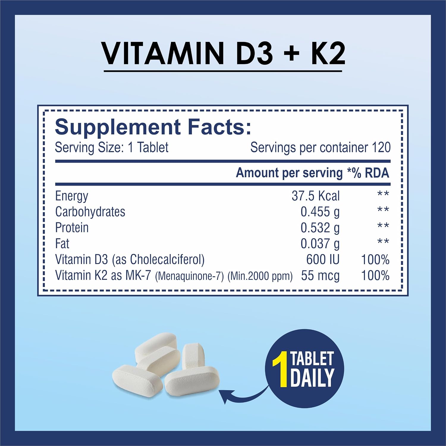 Brexhealth Vitamin D3 600 Iu + Vitamin K2 As Mk7 Supplement , For Stronger Bone Health , Supports Heart Health For Men & Women | 120 Tablets , 200gm 0.4lbs