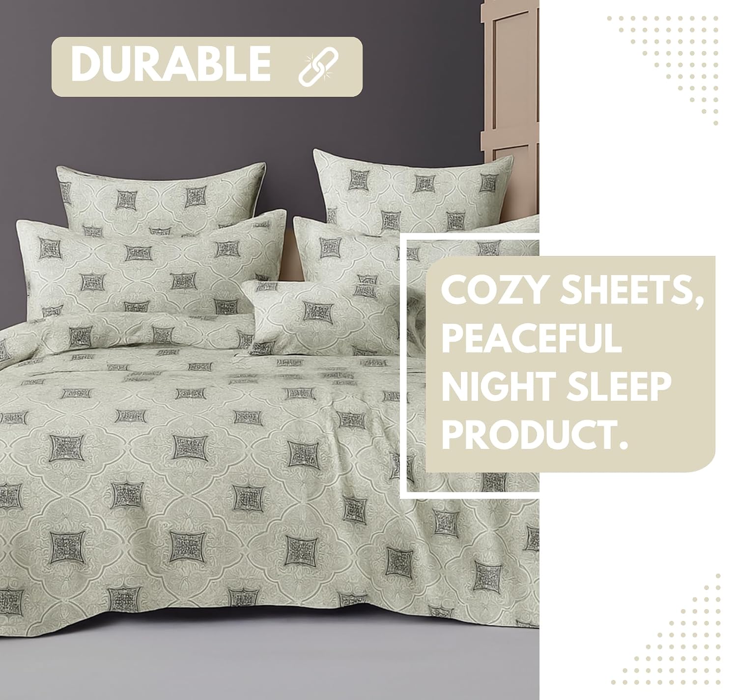 Cotton Double Bedsheets King Size With 2 Pillow Covers | Size 78 X 72+10 Inches, Grey & White-All Around Elastic Fitted Design Bedsheet
