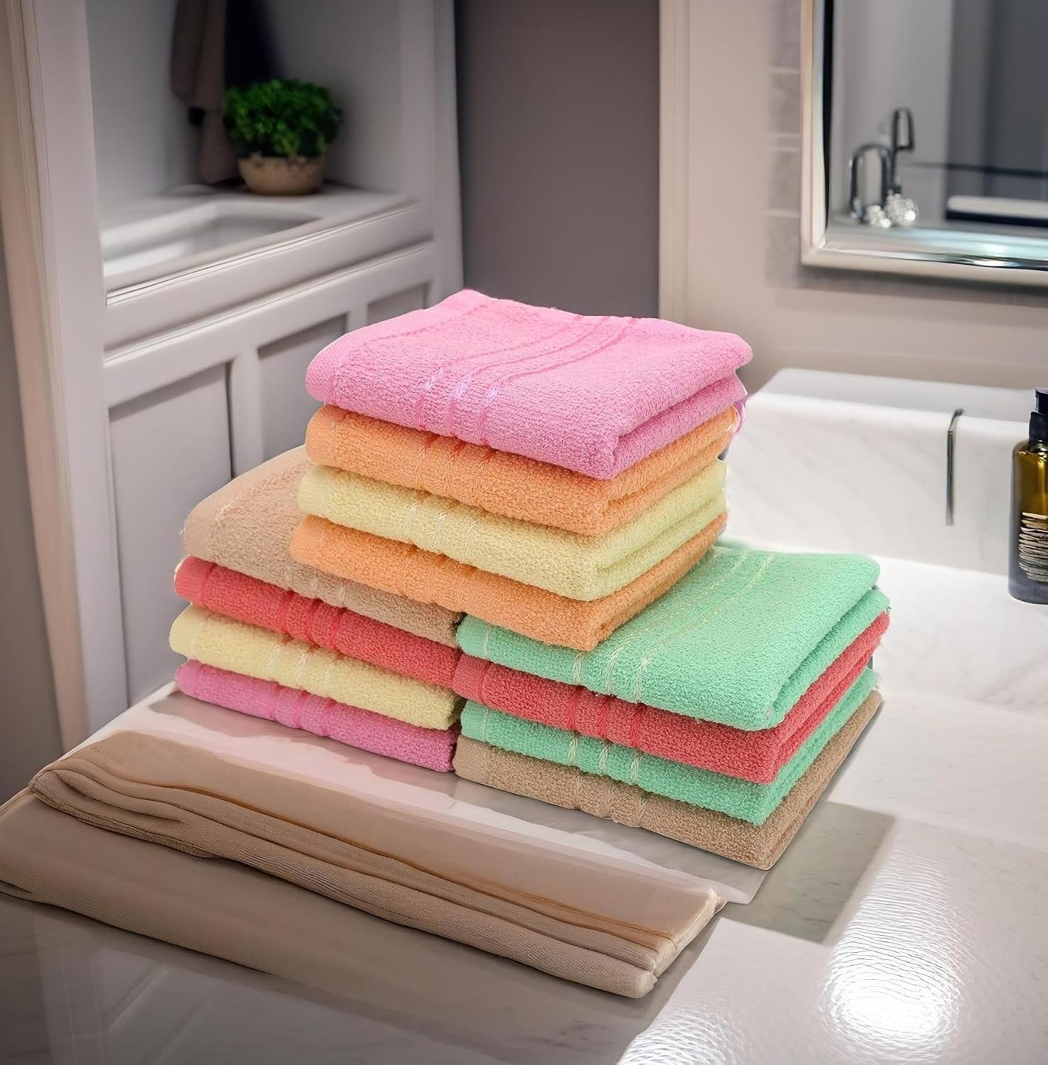 Weavers Villa Cotton Plain Soft Face/Hand Towel 1800 Gsm (Multicolour) - Set Of 12