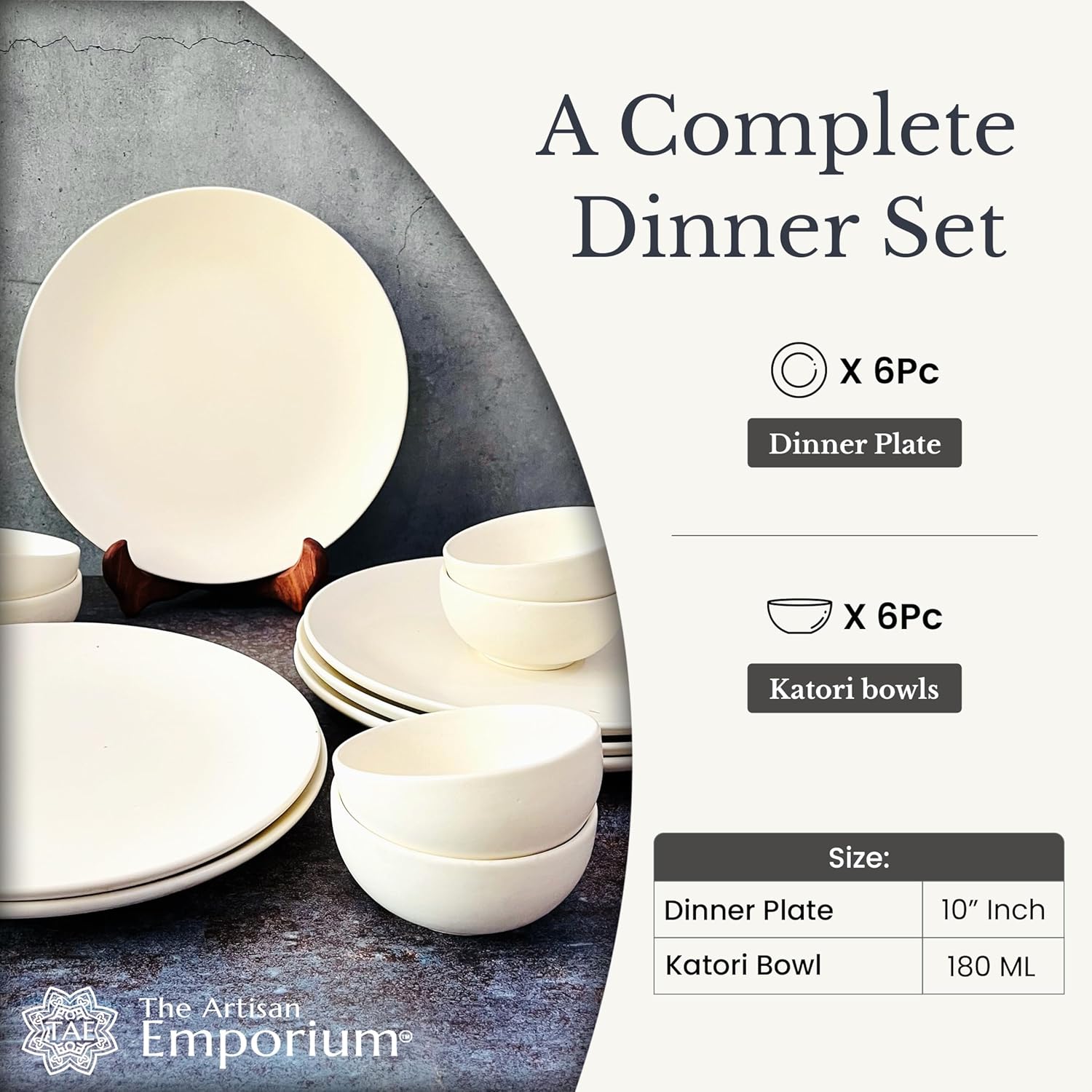 Subhra Handcrafted Ceramic Dinner Set - 12 Pieces | 6 Dinner Plates + 6 Katori Bowls, 180ml Each | Matte Finish White Dinnerware Set | Serving For 6, Microwave Safe