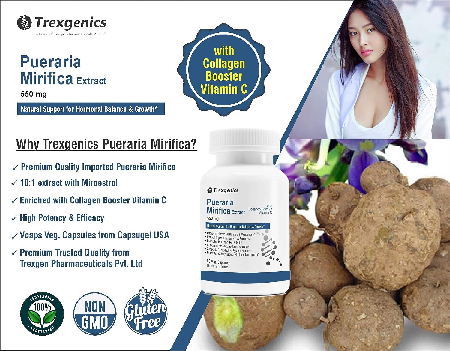 Trexgenics Pueraria Mirifica Extract 550mg With Collagen Booster Vitamin C | 60 Vegetarian Tablets , 100gm 0.2lbs , Each Pack Of 2