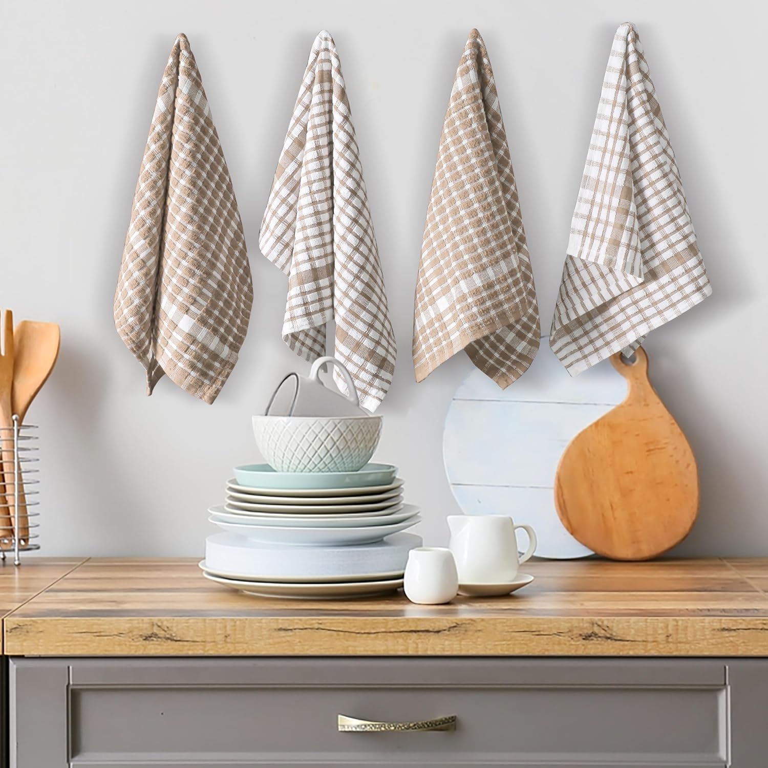 Furnofy Kitchen Cleaning Towel 340 Gsm | Soft & Absorbent Hand Towel For Kitchen Cleaning & Quick Drying Of Plates & Glasses (Beige)- Set Of 4