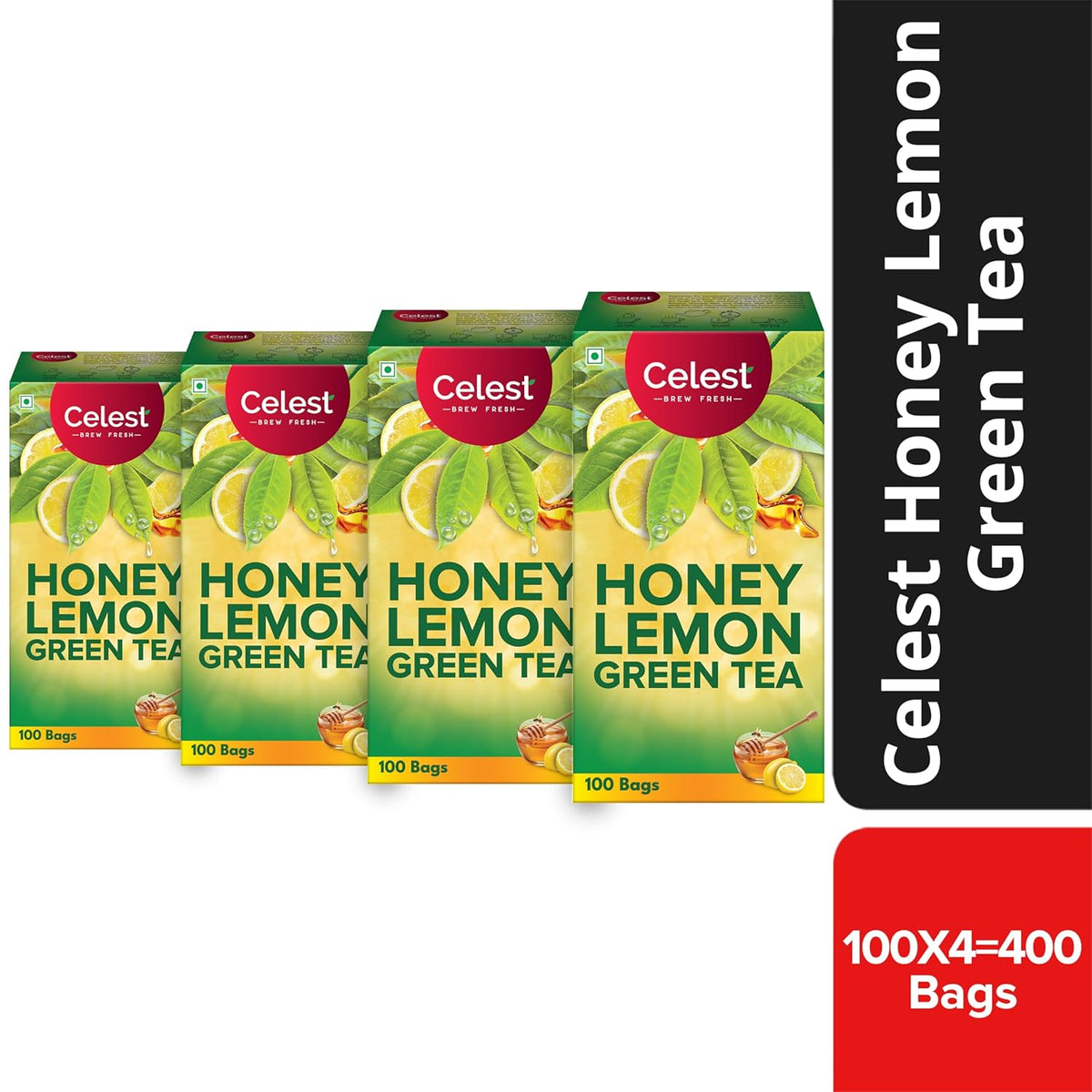 Celest Honey Lemon Green Tea - Pack Of 4 X 100 Enveloped Tea Bags | Helps Boost Metabolism, Zero Calories, Manage Waistline - Green Tea For Weight Loss