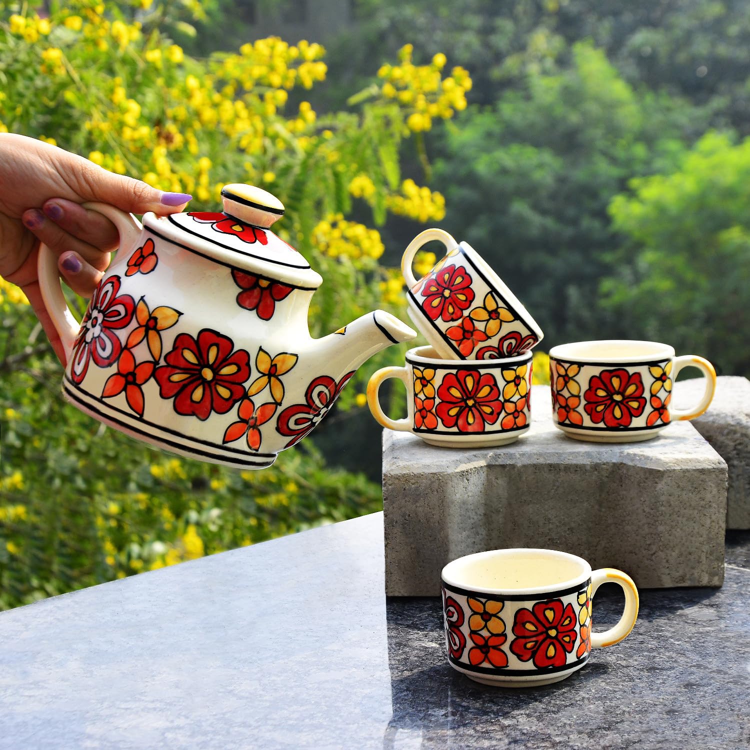 Hand Painted Ceramic Tea Set - 1 Kettle + 4 Cups, Multicolor | Coffee Mugs With Kettle - Tea Cups With Kettle