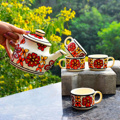 Hand Painted Ceramic Tea Set - 1 Kettle + 4 Cups, Multicolor | Coffee Mugs With Kettle - Tea Cups With Kettle