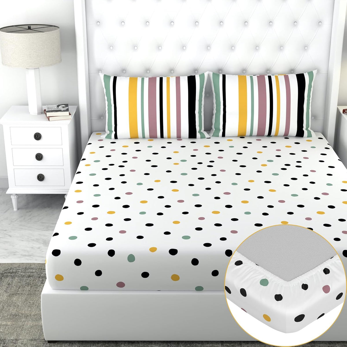 King Size Printed Bedsheet For Double Bed 2 Pillow Cover - 72 X 78 Inches, Multicolor | All Around Elastic Fitted - Ultra Soft & Breathable