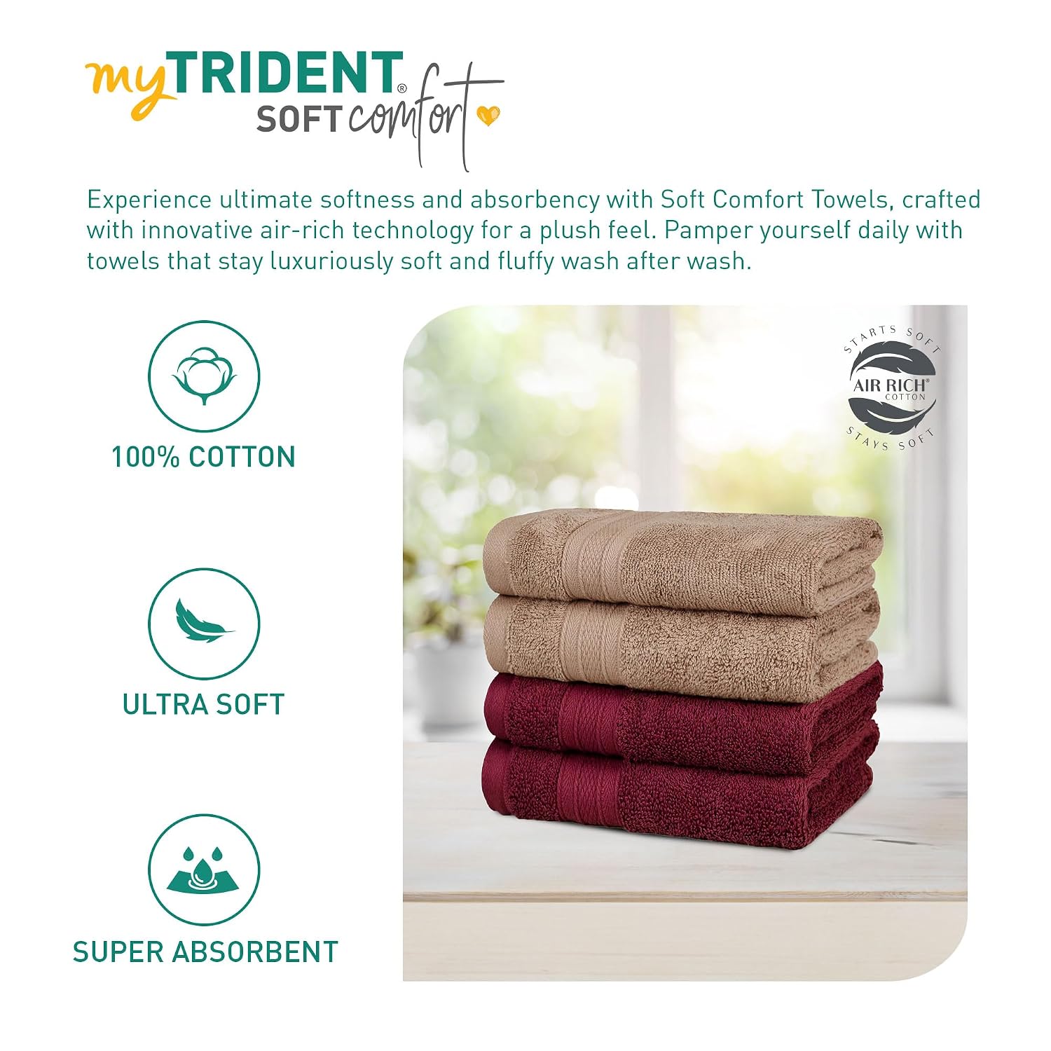 Mytrident Soft Comfort Air Rich 100% Cotton Hand Towel 800 Gsm | Highly Absorbent Towels For Men & Women Hand Towel (Acorn & Wine Red) - 4 Pcs