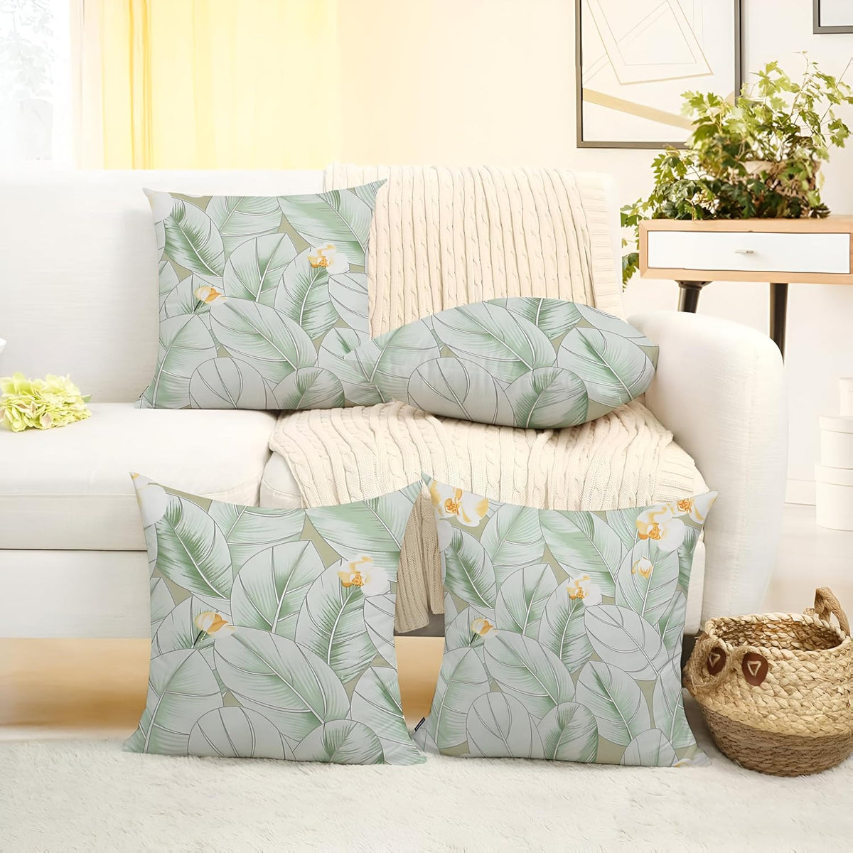 Microfiber Square Pillow Cushion For Sofa & Bed, Light Green - 12 X 12 Inch | Green Leaf Deign, Fluffy For Comfort & Back Support | Premium Cotton Cushion Cover With Zip - Set Of 4