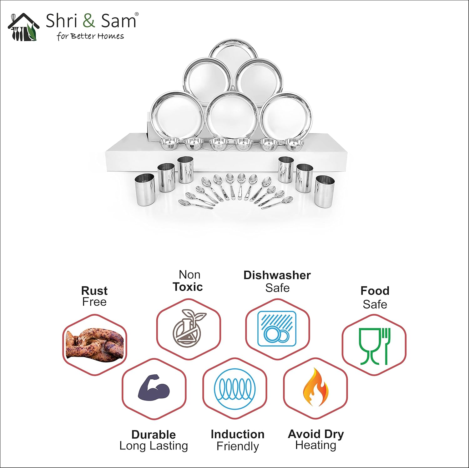 Stainless Steel Delight Dinner Set Of 30 Pieces, Silver | 6 Dinner Plates+ 6 Glasses+ 6 Bowls+ 6 Dessert Spoons+ 6 Tea Spoons