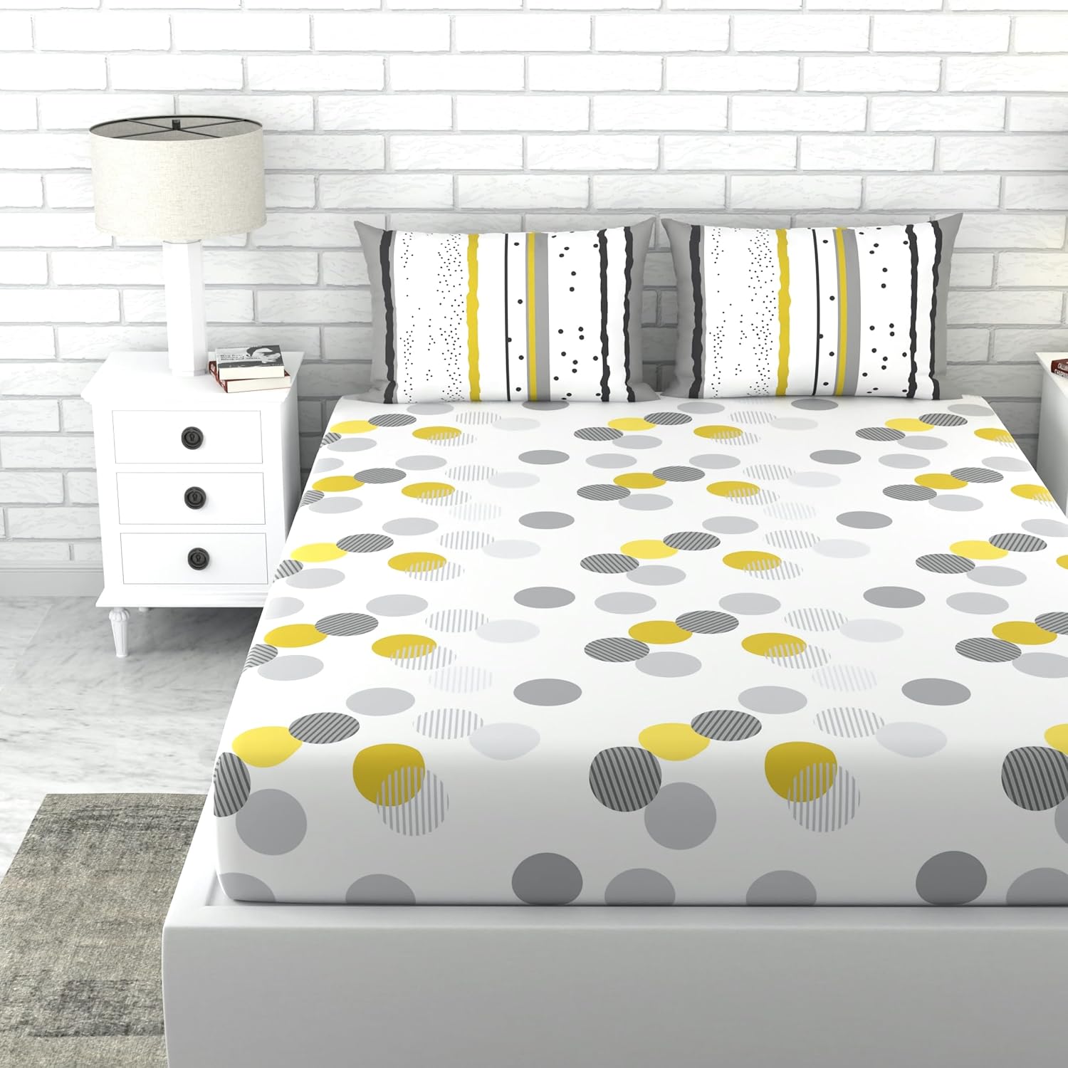 King Size Printed Bedsheet For Double Bed 2 Pillow Cover - 72 X 78 Inches, Grey & White | All Around Elastic Fitted - Ultra Soft & Breathable