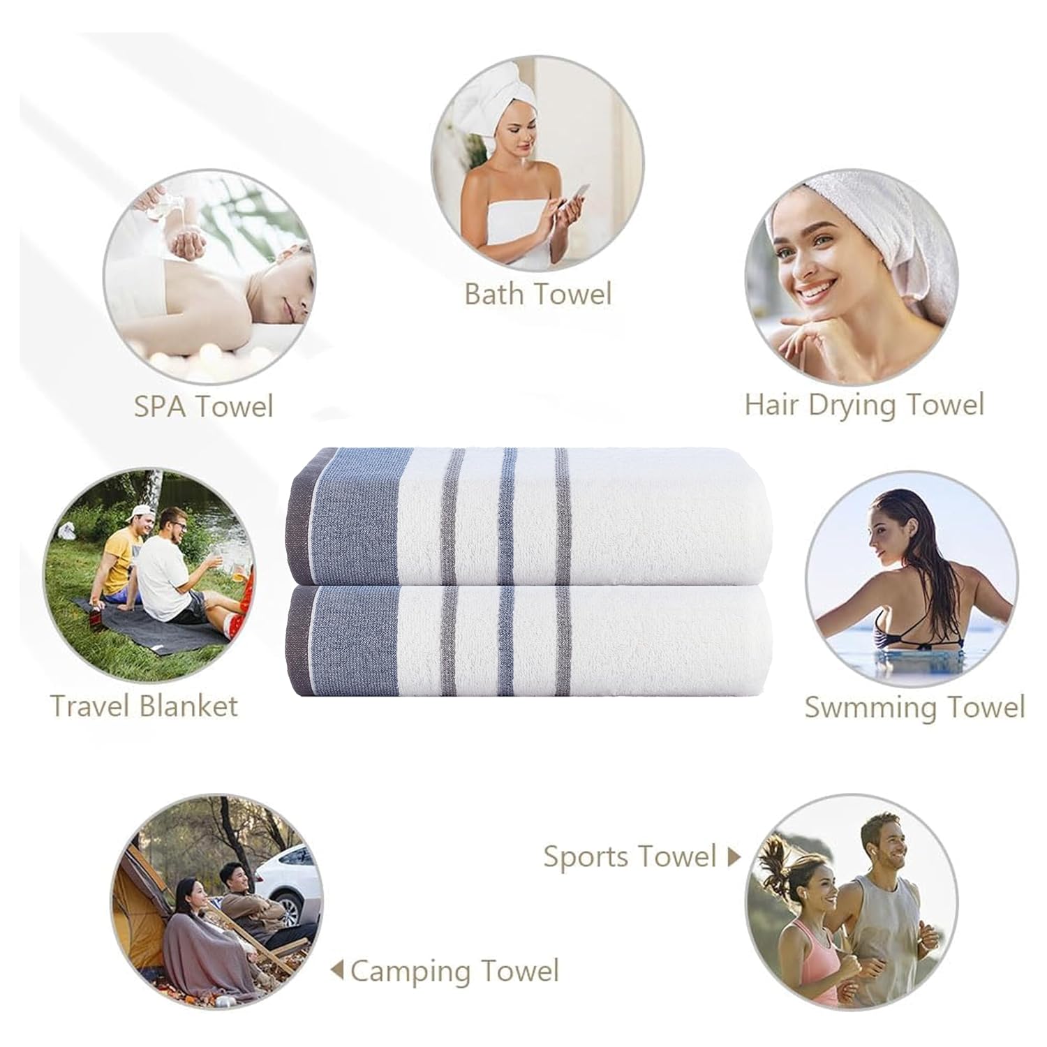 Casa Copenhagen Designed In Denmark White Bay Super Soft 2 Pieces 100% Cotton Large Bath Towel 525 Gsm - Blue/Dark Grey