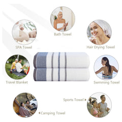 Casa Copenhagen Designed In Denmark White Bay Super Soft 2 Pieces 100% Cotton Large Bath Towel 525 Gsm - Blue/Dark Grey