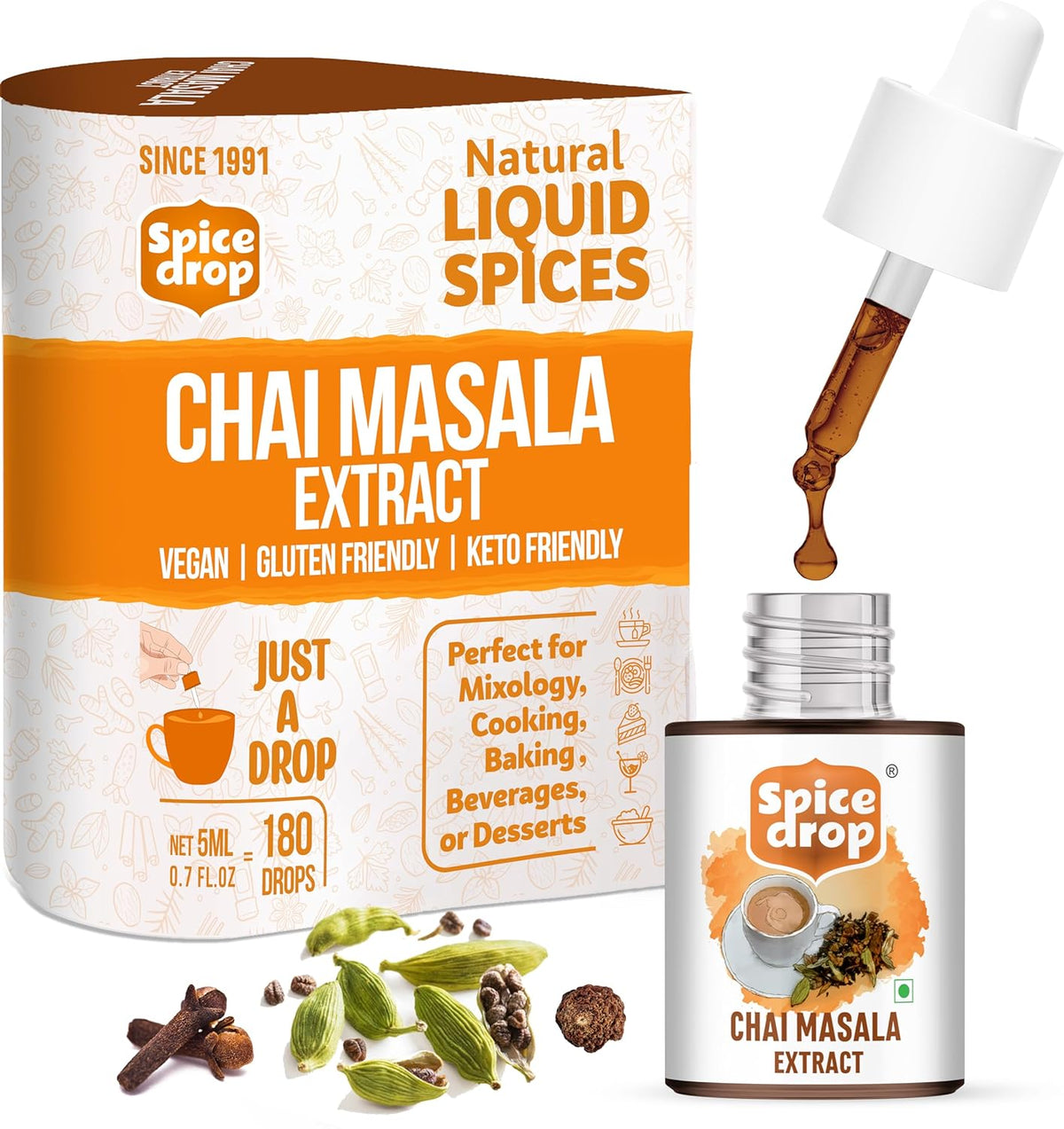 Spice Drop Chai Masala Extract - 180 Cups, 5ml, 0.1 Fl.Oz. | Contains Cardamom, Ginger & Black Pepper - Tea Masala Drops | GMO Free, No Preservatives, Gluten Friendly
