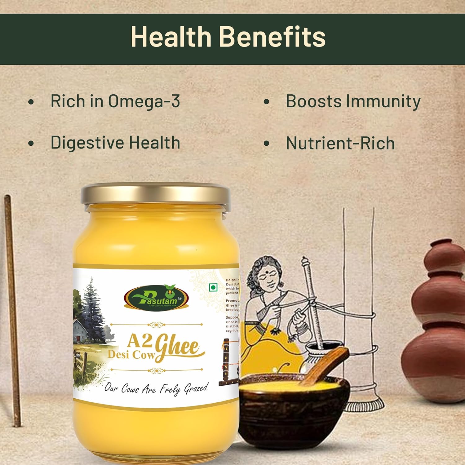 Organic Natural A2 Desi Cow Ghee By Pasutam | Natural & Healthy Desi Cow Ghee Perfect For Eyesight | (1 Litr) 33.8 Ounce | Jar Pack