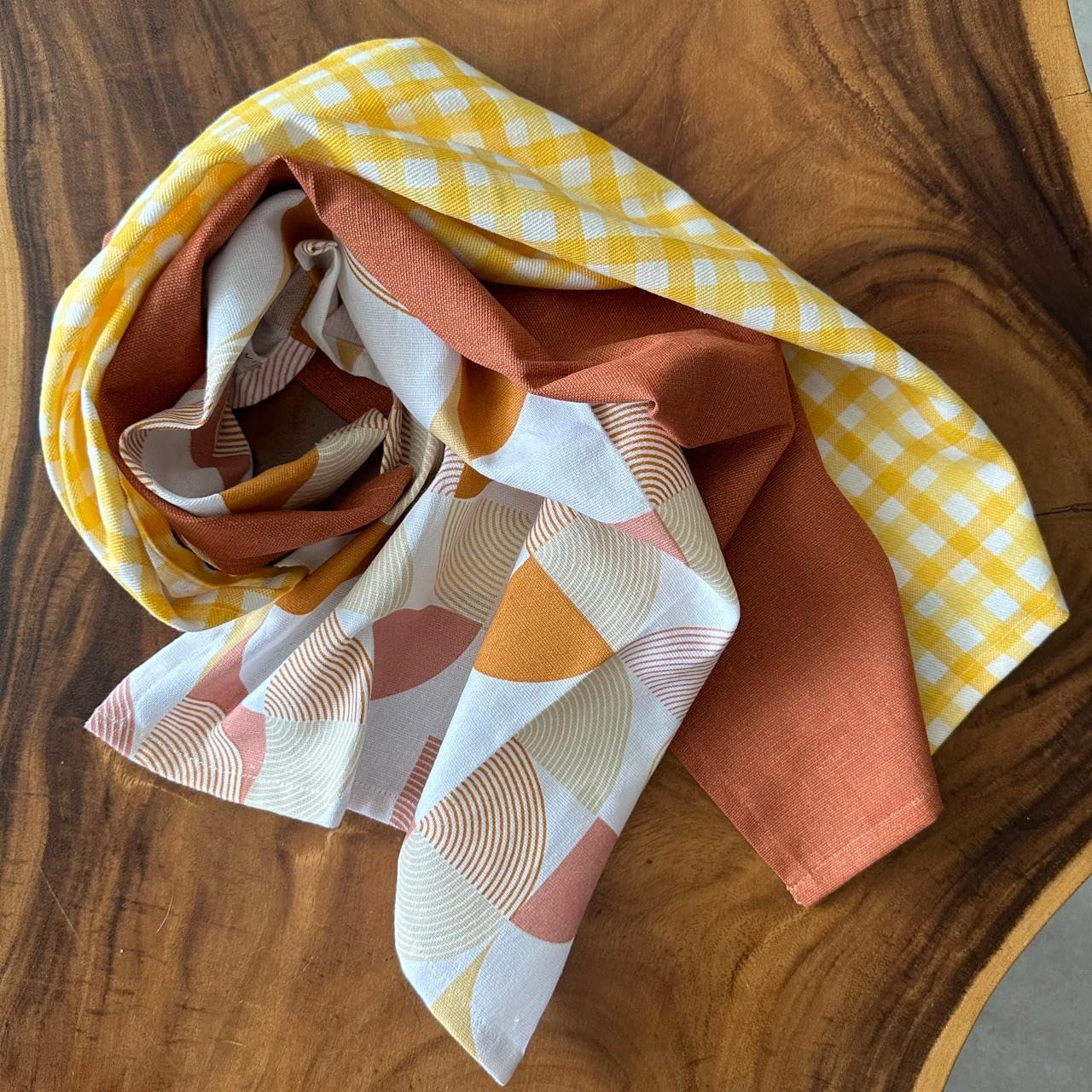 Oak & Lily 100% Cotton Kitchen Napkins Dish Towels 350 Gsm | Premium European Quality Washable, Large Size Kitchen Cloth For Roti, Cleaning, Drying | Yellow & Rust Print (Set Of 3)