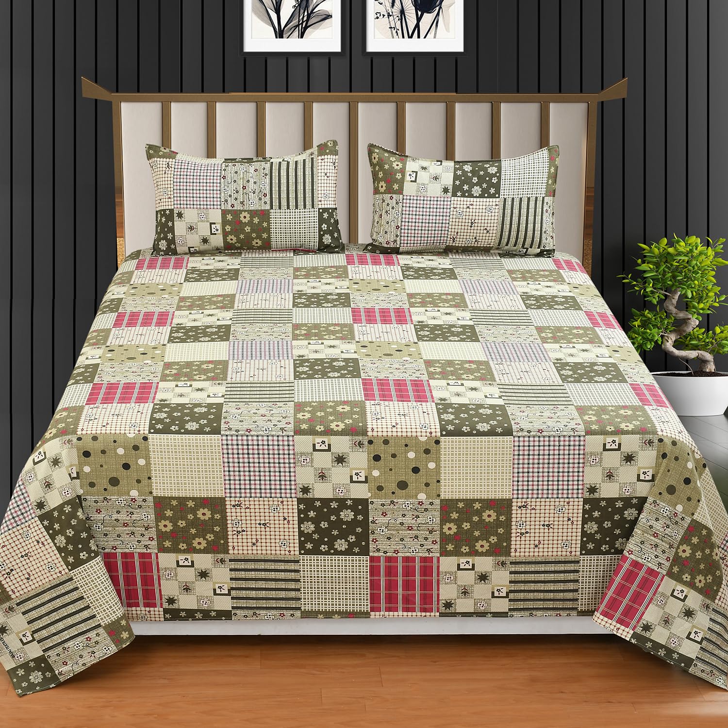 100% Pure Cotton Double Bedsheet With 2 Pillow Covers - 90 X 90 Inches, Multicolor | Soft, Breathable & Skin-Friendly Fade Resistant Double Bedsheet