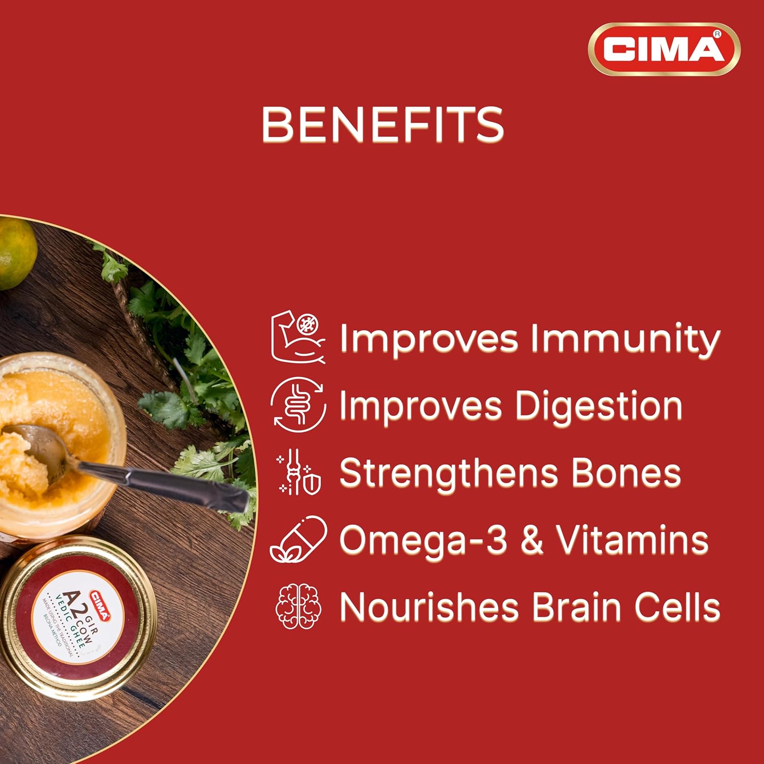 Natural Premium A2 Gir Cow Ghee By Cima | Rich In Nutrients & Healthy Desi Cow Ghee For Improves Eyesight | (300ml) 10.1 Ounce | Jar Pack