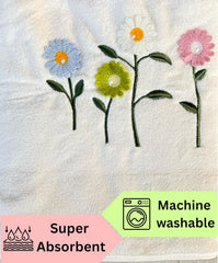 Divyam Floral Embroidered Bath Towel 350 Gsm | Premium Soft Microfiber Quick-Dry, Lightweight & Absorbent Towel With Pastel Daisy Design (Cream)