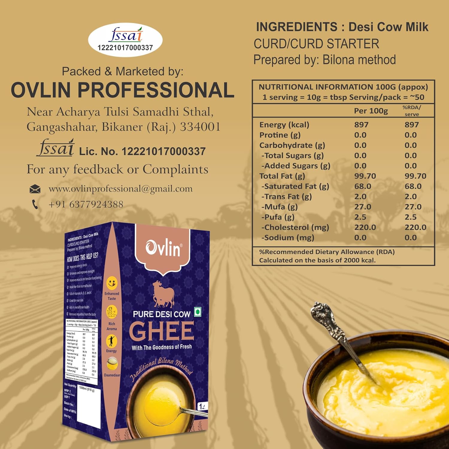 100% Pure Desi Bilona Danedar Cow Ghee By Ovlin | Good Source Of Healthy & Nutritious Desi Cow Ghee Perfect For Overall Health | 3 Litre (1 Litr * 3) 101.4 Ounce | Box Pack
