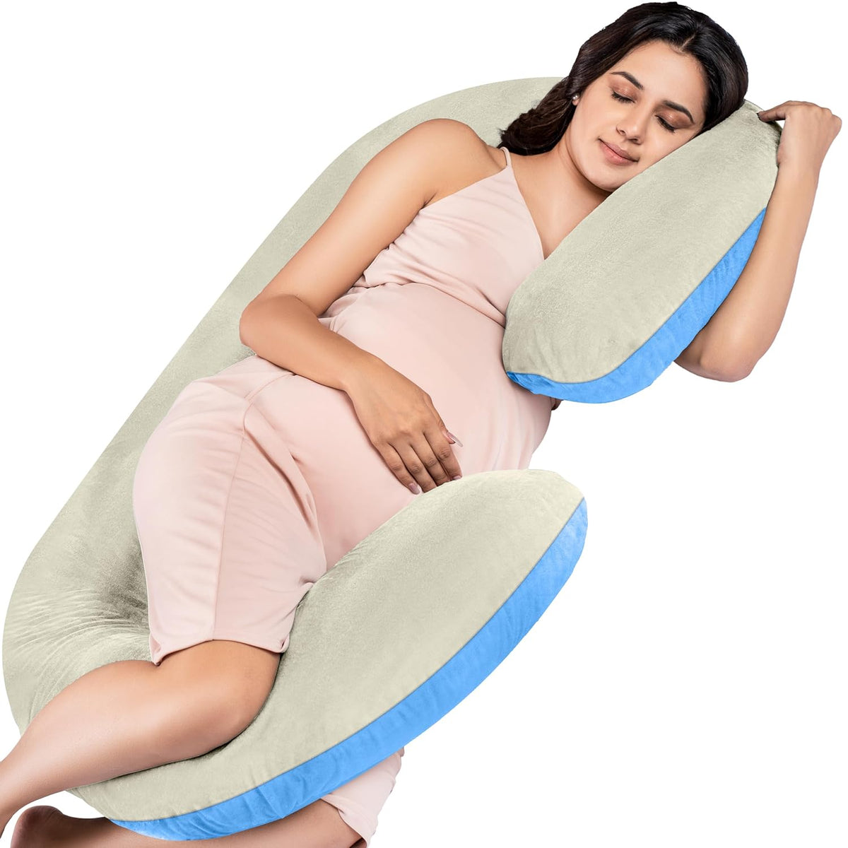 Full Body C Shape Pregnancy Pillow For Women, Maternity Pillow, Cream & Sky Blue | Pillow Gift For Pregnancy Sleeping, Premium Velvet Cover With Zip | Adjustable, Relieves Pain, Multipurpose