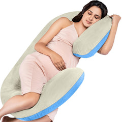Full Body C Shape Pregnancy Pillow For Women, Maternity Pillow, Cream & Sky Blue | Pillow Gift For Pregnancy Sleeping, Premium Velvet Cover With Zip | Adjustable, Relieves Pain, Multipurpose