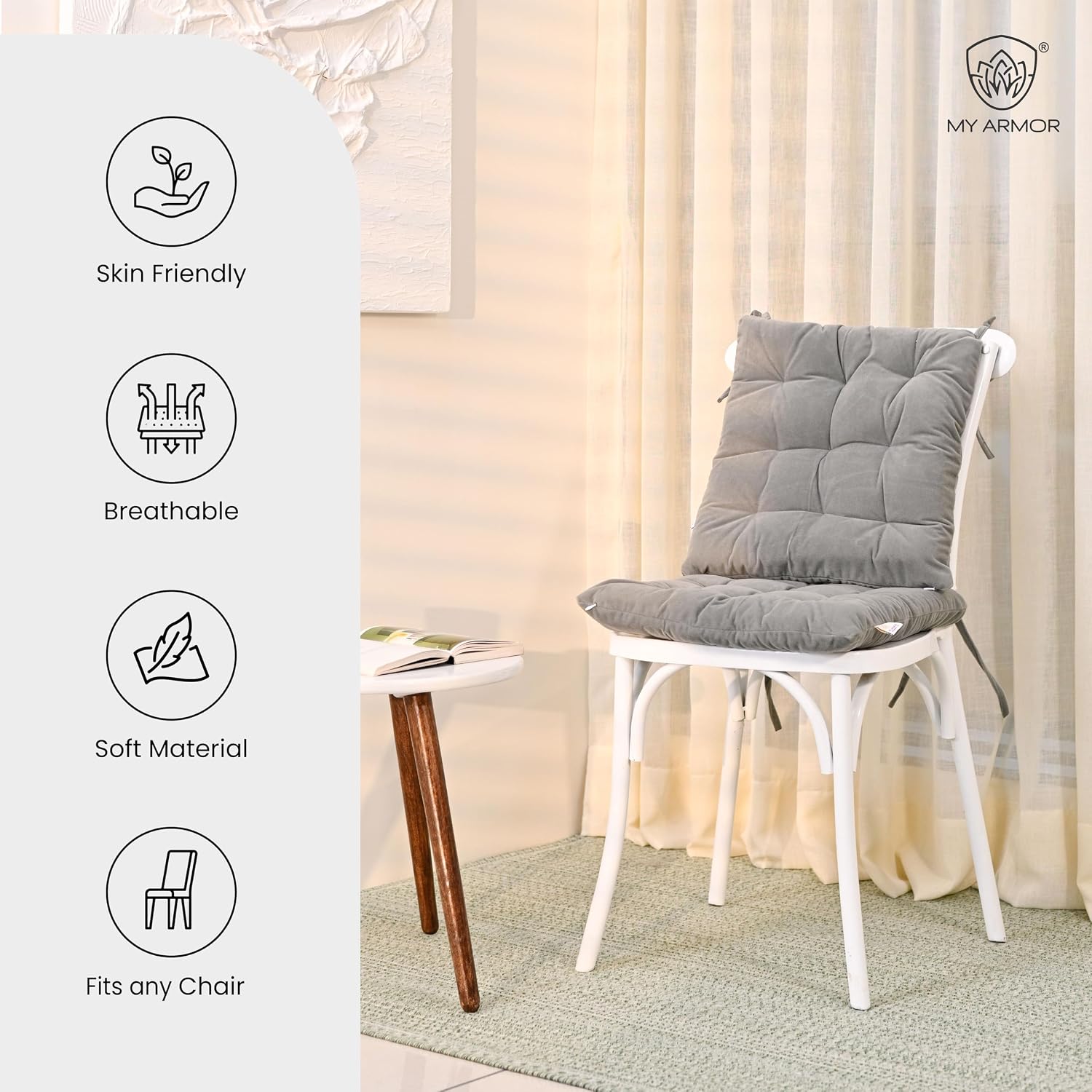 Square Chair Pads Cushion, For Comfortable Sitting, Grey Color - 40 X 40 Cm | Seat Cushions With Ties For Sitting, Pooja, Dining & Office Table | Furniture Cushion, Washable - Pack Of 1