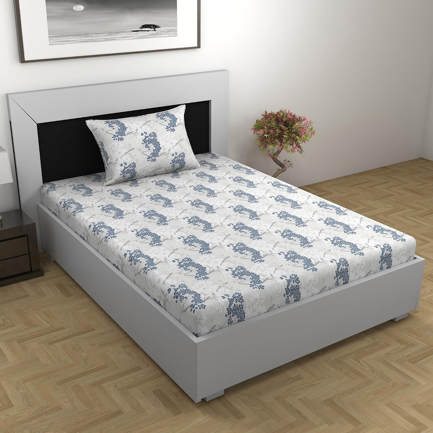 100% Cotton Single Bedsheet With 1 Matching Pillow Covers - 57 X 87 Inches, Grey & Blue | All Weather Comfort & Bedroom - Softness & Natural Breathability