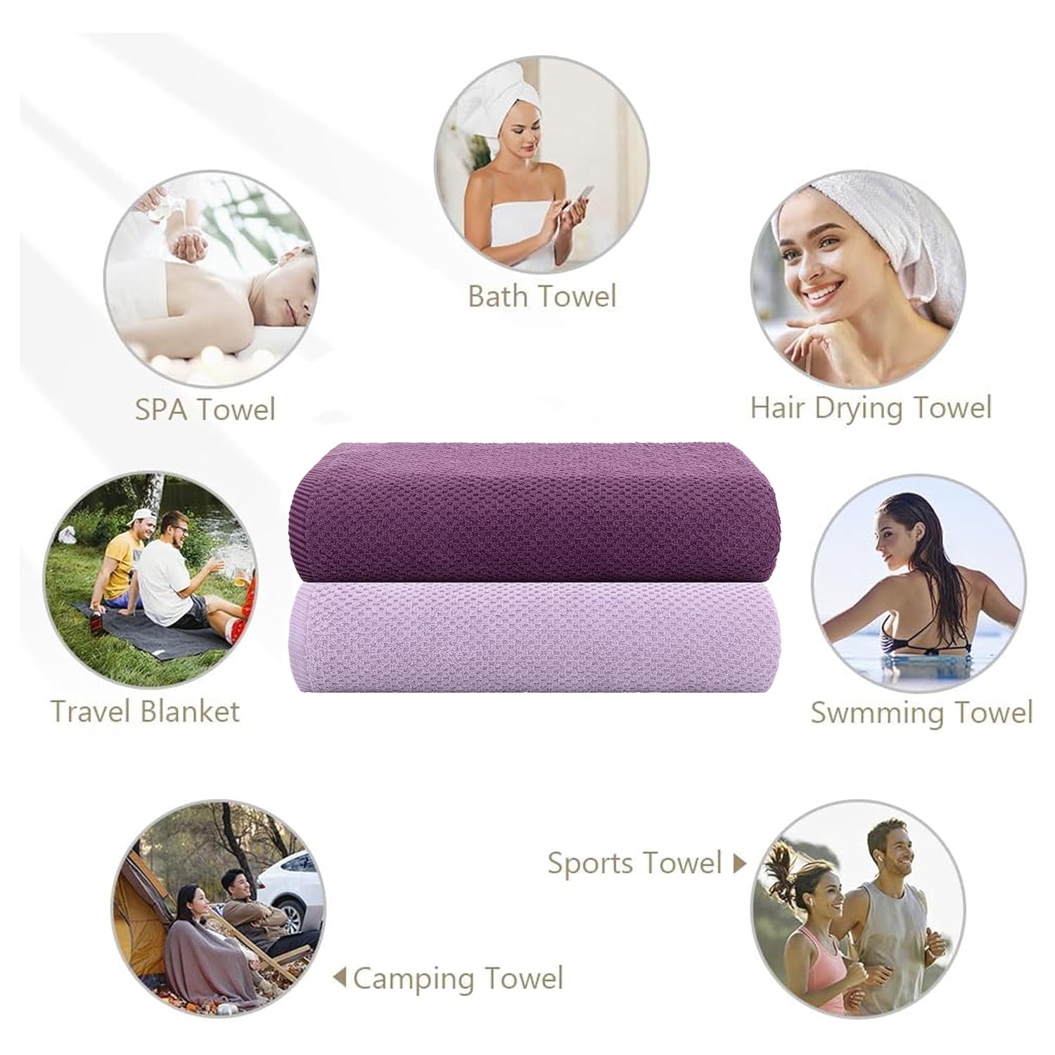 Casa Copenhagen Designed In Denmark Popcorn Super Soft 2 Pieces 100% Cotton Large Bath Towel 525 Gsm - Dark Purple & Purple Rose
