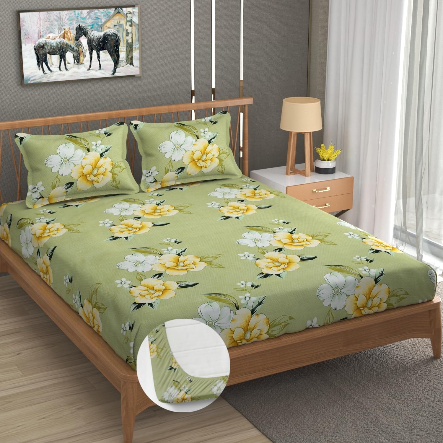 Elastic Fitted Double Bedsheets For King Size With 2 Pillow Covers - 72 X 78 X 10 Inches, Light Green | Premium Heavy Cotton All Around Elastic Fitted | Ideal For Hotel, Home, Bedroom