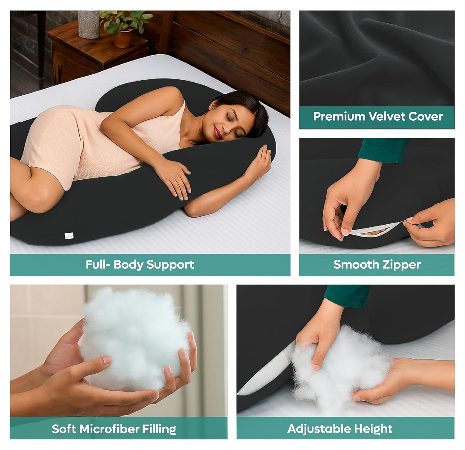 C Shape Pregnancy Pillows For Sleeping, Maternity Support, Soft Pillow, Grey | Multipurpose Pillow For Back, Hips, Legs, Belly Support With Removable Washable Velvet Cover, Full-Body Support