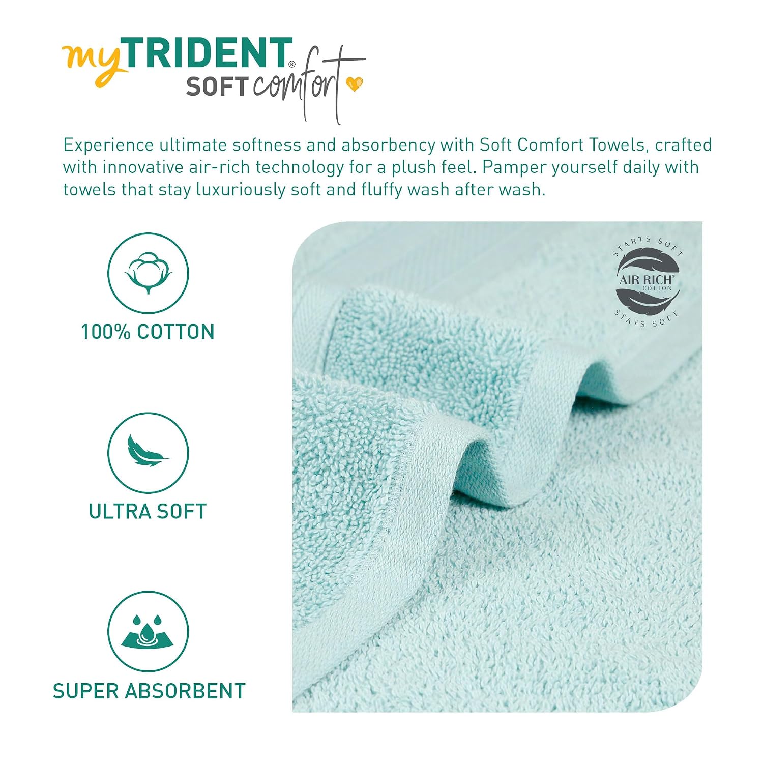 Trident Soft Comfort Air Rich 100% Cotton Bath Towels 500 Gsm Large Size Bathroom Towels For Men/Women Bath Towel Set Of 2 (Nile Blue)