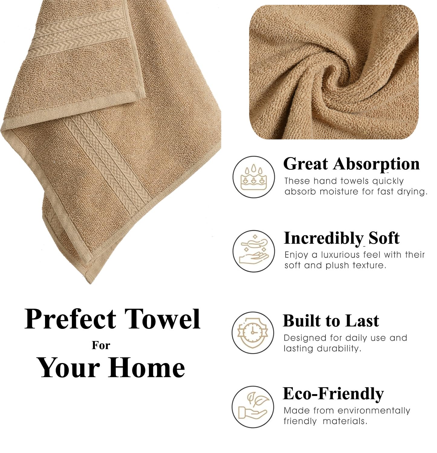Fresh From Loom Luxury Fur Collection Hand Towel 500 Gsm Napkins Cotton High Absorbency Double Stitched Size (Beige) - Set Of 4