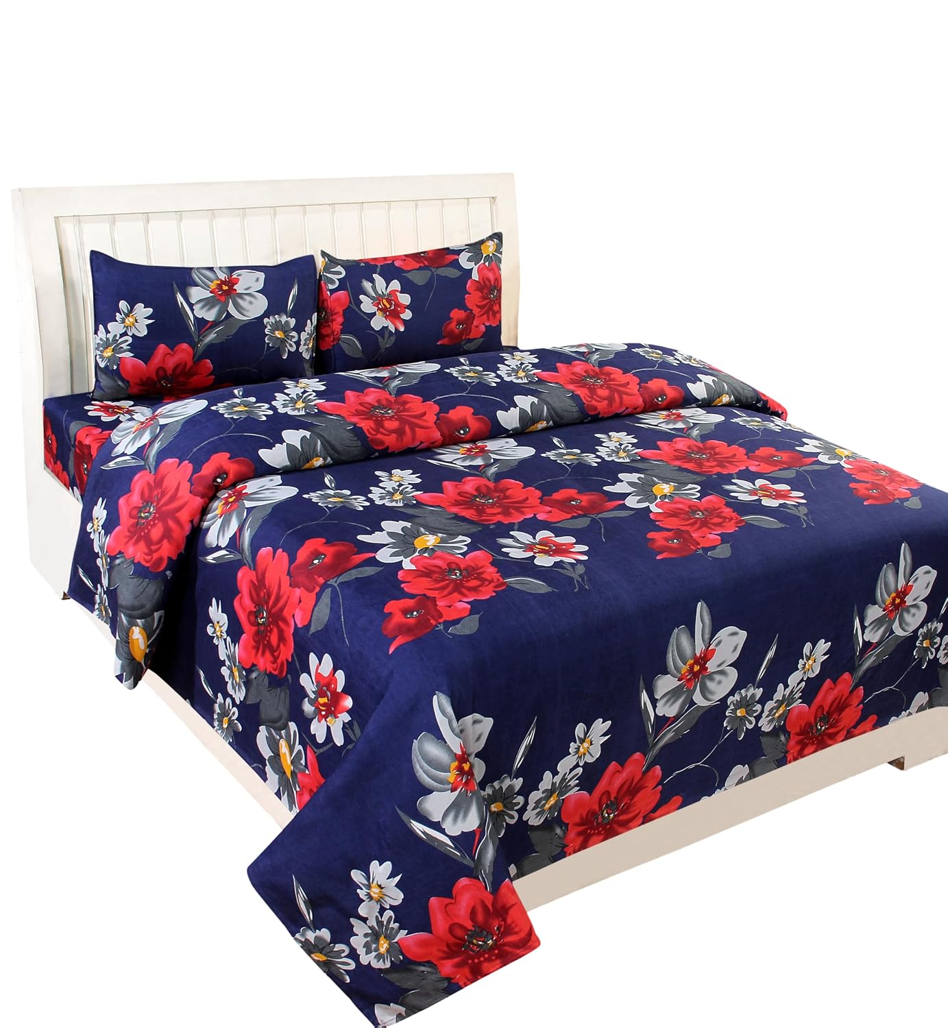 Printed Double Bedsheet 2 Matching Pillow Covers - 86 X 90 Inches, Blue & Red | Soft & Durable Bedding For Bedroom - Lightweight Perfect For All Seasons