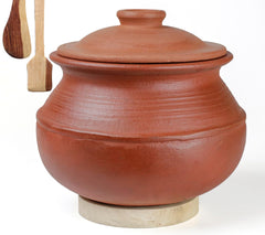 Deep Burned Uncoated Clay Rice Pot With Lid Or Mitti Handi With 2 Wooden Spatulas Complimentary For Cooking & Serving - Red, 2 Liters | Pre-Seasoned Mud Pot - Unglazed, Double Fired, Hand Crafted