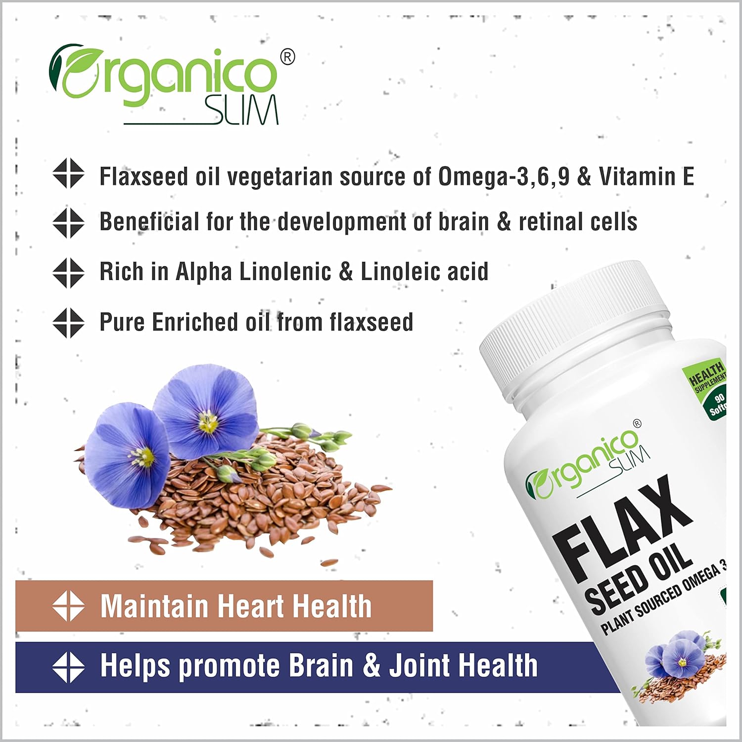 Organico Slim Flax Seed With Essential Fatty Acid Omega 3 6 9 For General Health, Helps Support Bone & Joint Health | 60 Capsules 100gm 0.2lbs