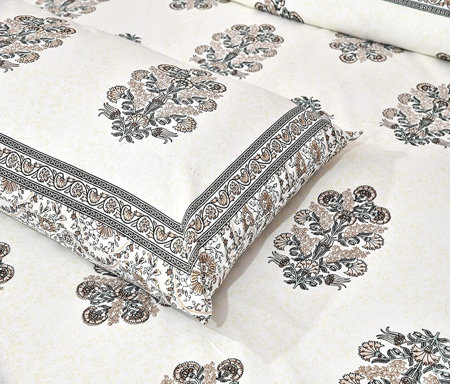 100% Cotton Jaipuri Bedsheet For King Size (90 X 103 Inches, Cream & Brown) With 2 Pillow Covers | Perfect For Everyday Use, Guest Rooms, Or Gifting On Special Occasions