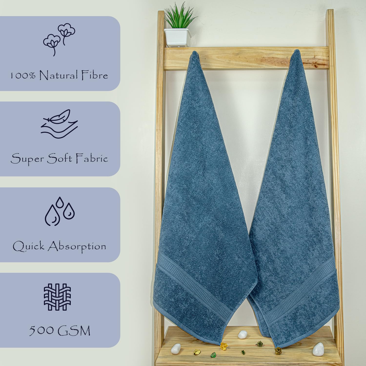 Rangoli 100% Cotton Fibre Bath Towel 1000 Gsm | Highly Durable & Super Absorbent Towel | Skin-Friendly & Quick Drying Luxury Towels (Blue) - Pack Of 2