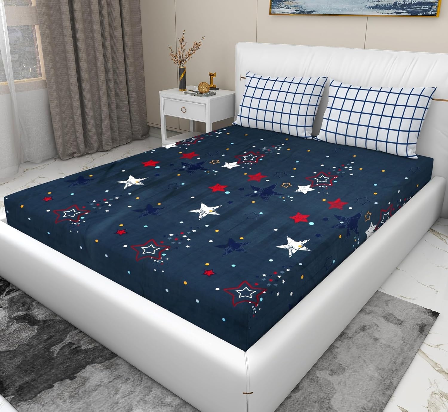 Elastic Fitted Bedsheets For King Size Bed With 2 Pillow Covers - 100 X 108 Inches, Navy Blue | Ideal For Hotel, House, Guest House